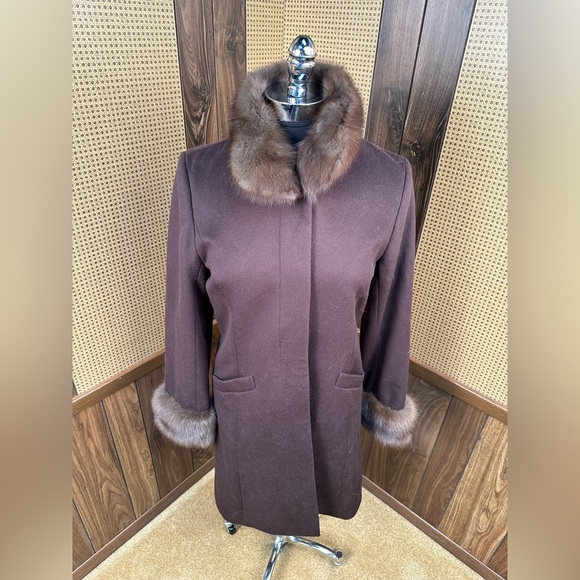 Beautiful 100% Brown Cashmere & Russian Sable Fur Trim Jacket Coat Small - Picture 2 of 12